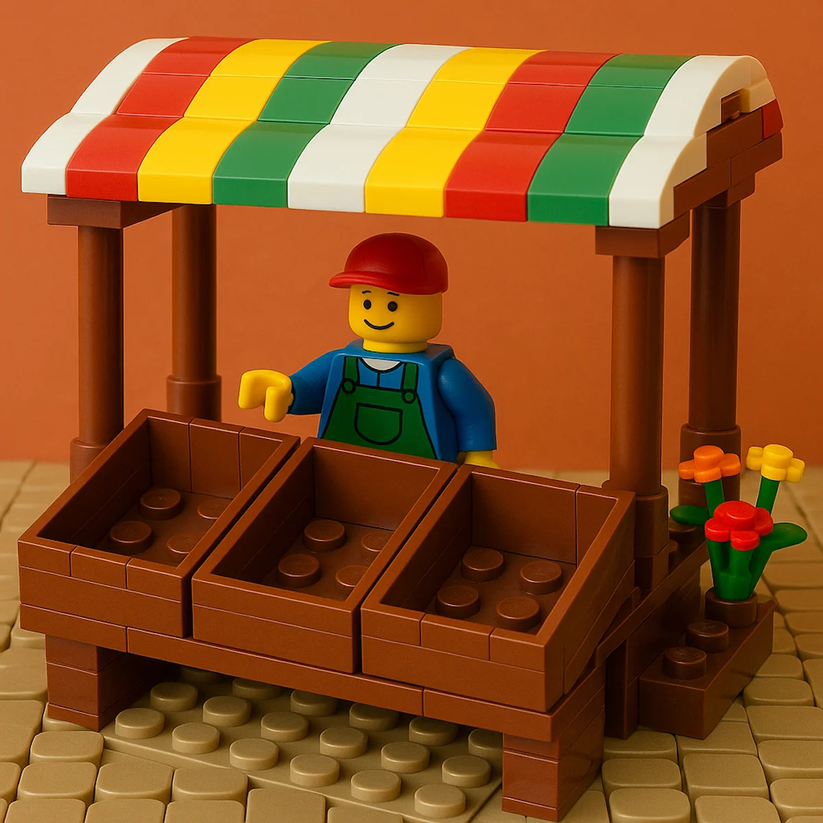 Lego Figur hinter einem Verkaufsstand.