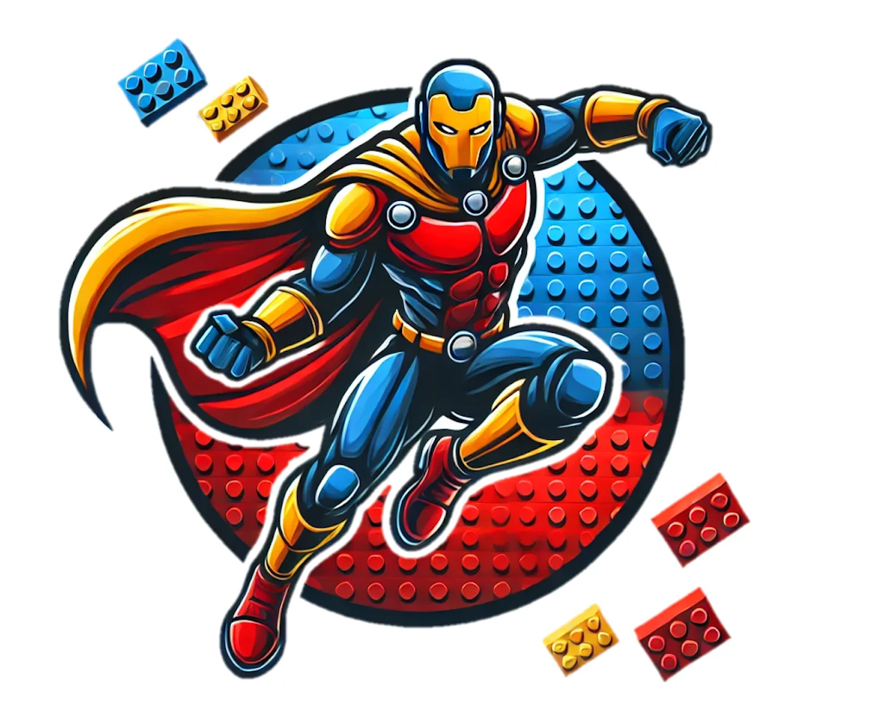 Superheld umgeben von Legosteinen mit verschiedenen Farben.